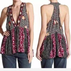 Free People Dream Darlin' Floral Deep V-Neck Tank Top Blouse Women Size S